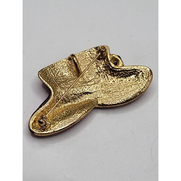 Red Rhinestone Red Hat Society Brooch Pendant Gold Tone with Bow 2.25" x 1 1/8" - Picture 5 of 5